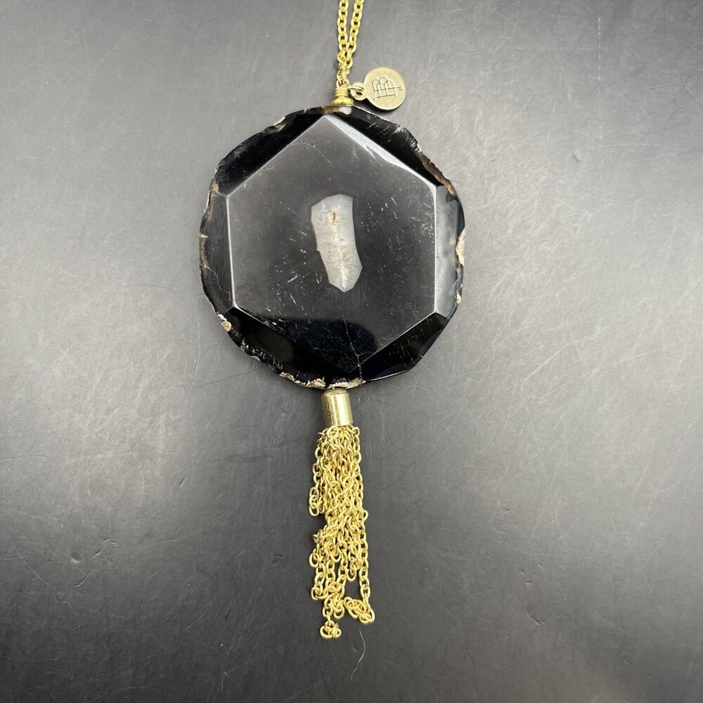 Bourbon And Bowties Boho Tassel Pendant Necklace Black Geode Gold Tone 30 In - Picture 5 of 6